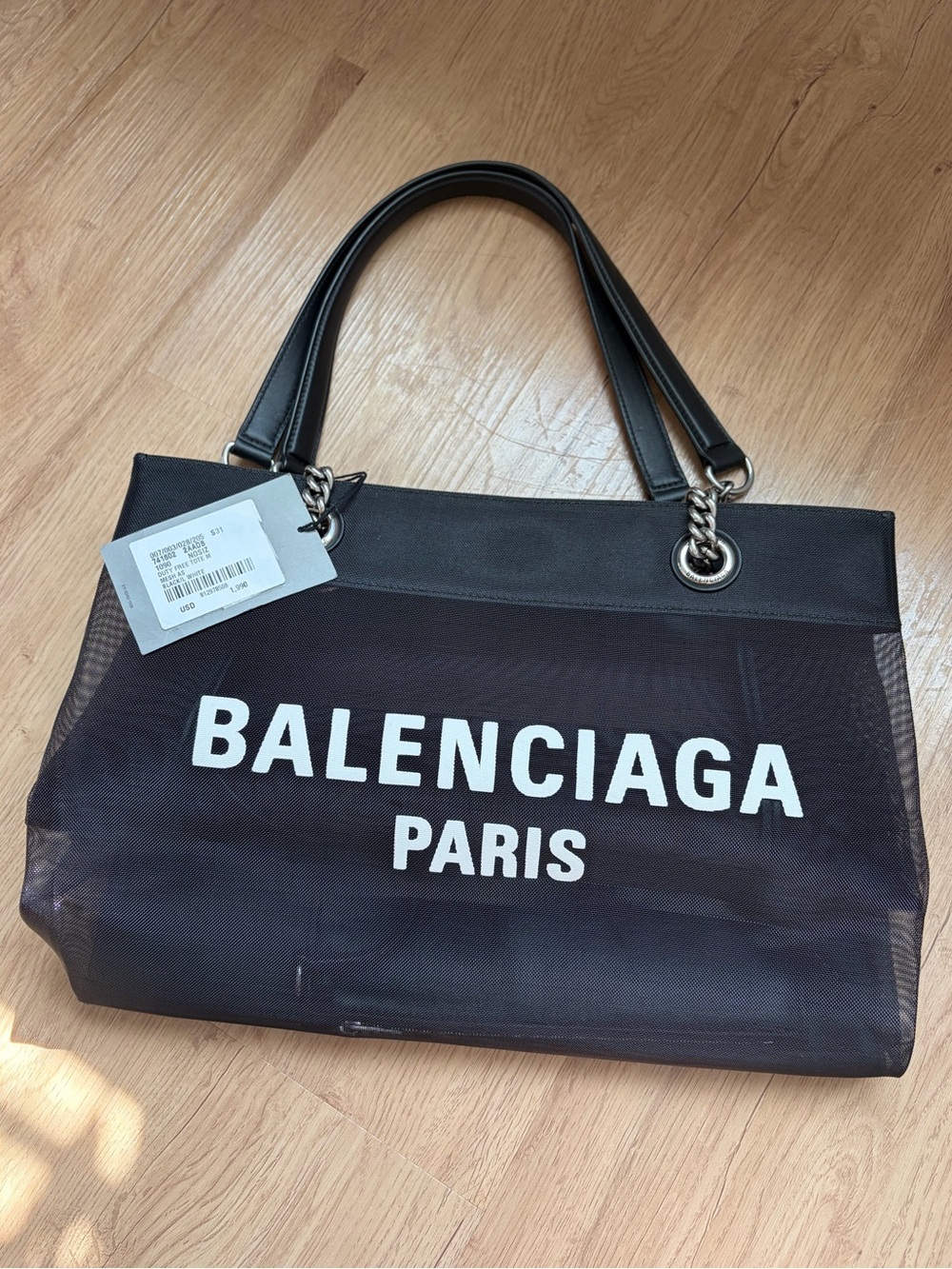 Balenciaga Black Mesh Paris Logo Tote with Leather Handles
